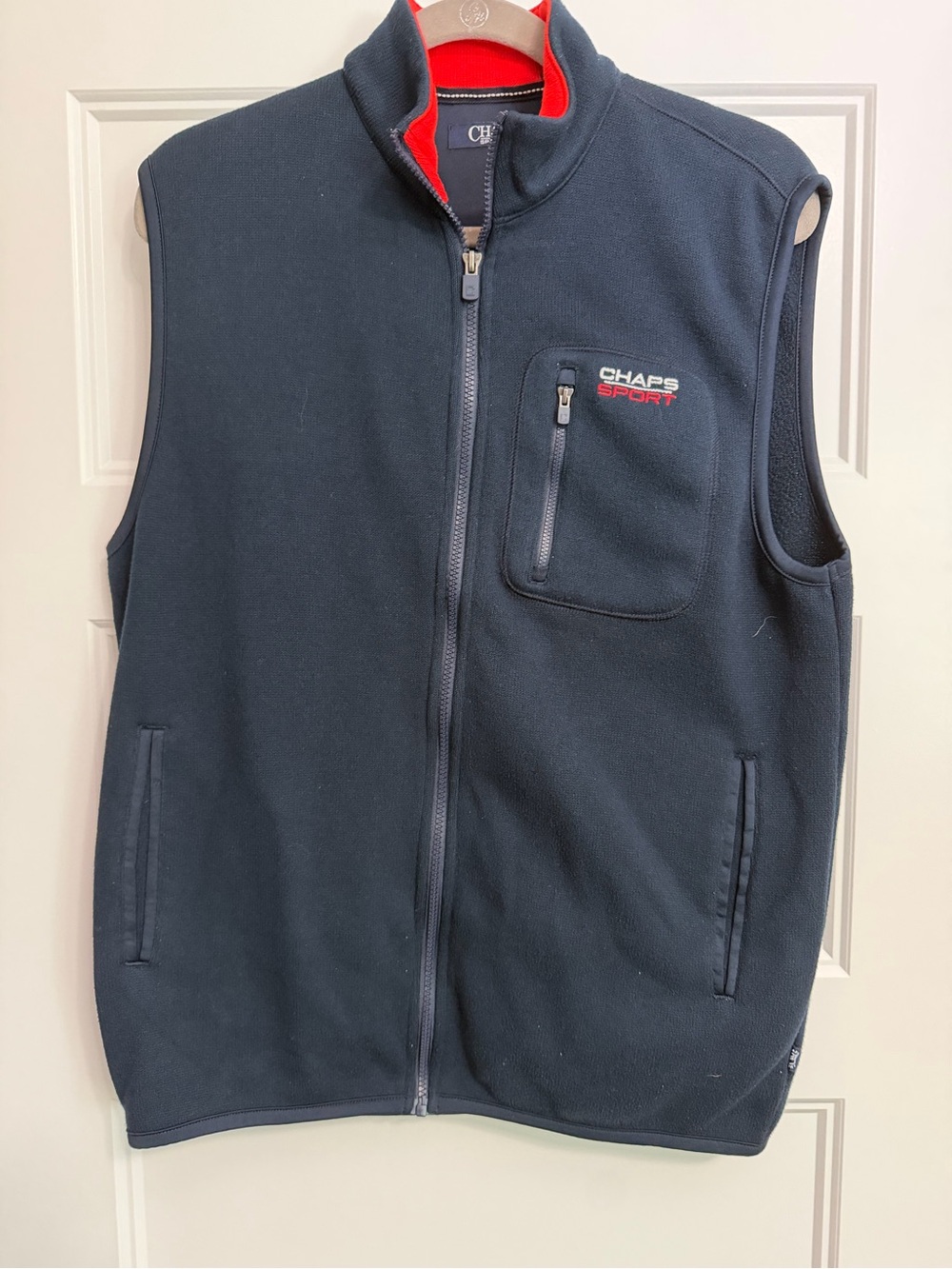 Chaps Sport Men's Navy Fleece Vest with Red Trim Accents